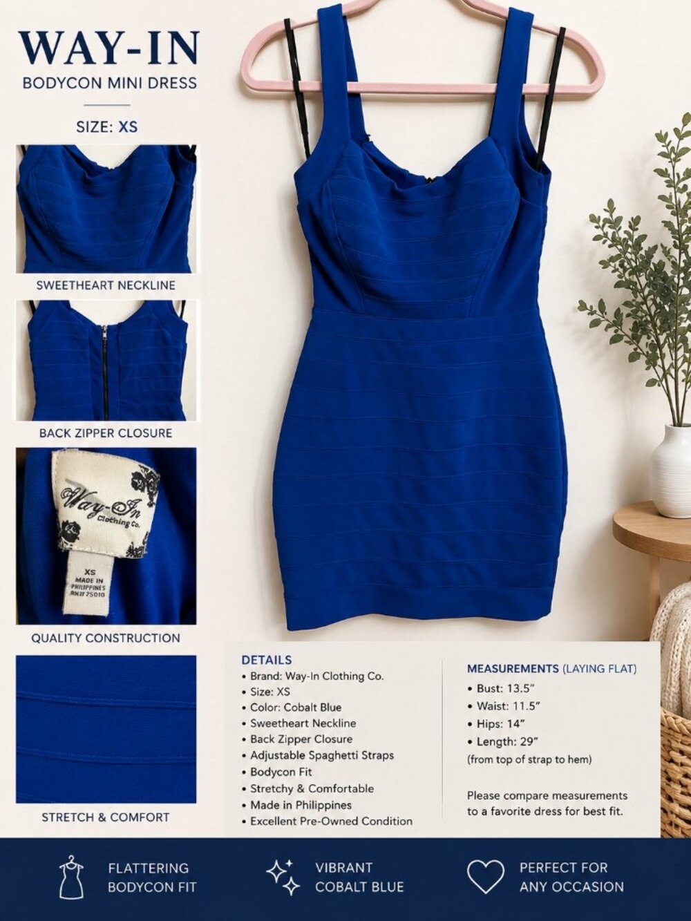Way-In Clothing Co. Cobalt Blue Bandage Bodycon Mini Dress XS Sweetheart Neck